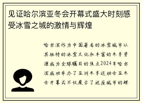 见证哈尔滨亚冬会开幕式盛大时刻感受冰雪之城的激情与辉煌